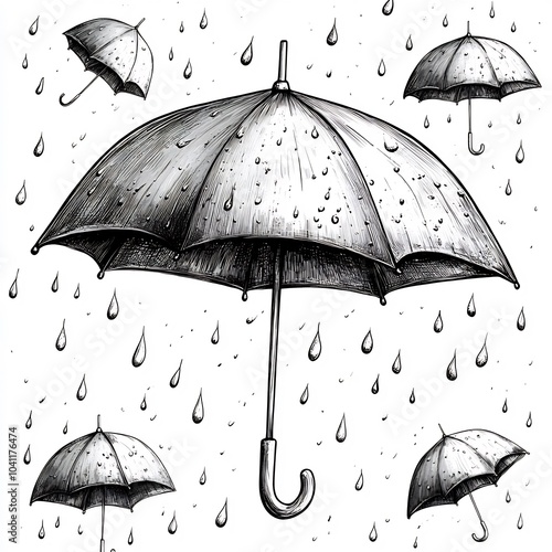 Handdrawn illustration of U with unique umbrellas and raindrops outlined in black against a white background making it a fun coloring activity for kids photo