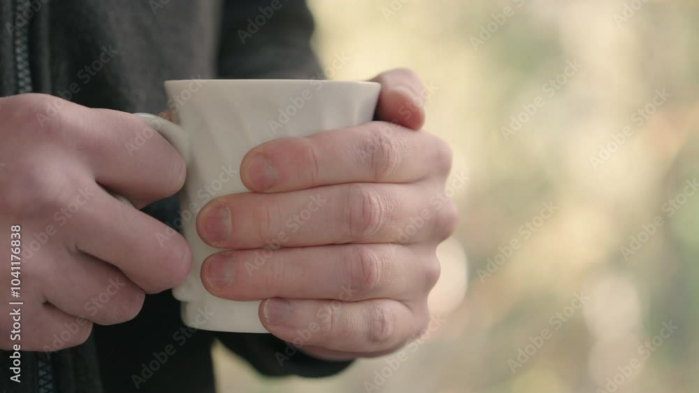 Man in Fleece Jacket Holding Steaming Cup Outdoors, Cozy Morning Lifestyle Portrait with Hot Drink, Autumn Nature Background Man in Fleece Jacket Holding Steaming Cup Outdoors, Cozy Morning Lifestyle Portrait with Hot Drink, Autumn Nature Background