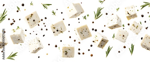 cheese cubes floating isolated on a white background