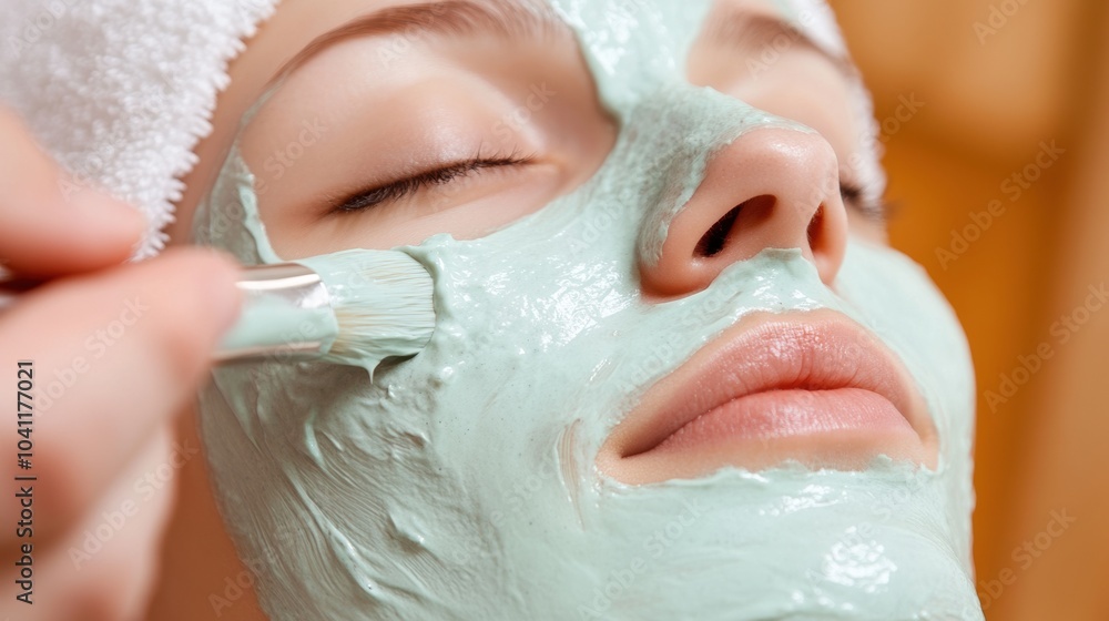 Woman receiving facial treatment with green mask, relaxed and serene expression. Woman receiving facial treatment with green mask, relaxed and serene expression.