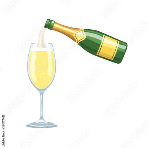 Champagne bottle pouring into glass vector illustration. Festive carbonated alcoholic drink