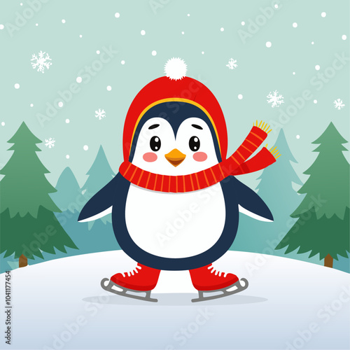Cute penguin on ice skates on the background of winter trees winter vector illustration. Children's image of a winter character on a skating rink in the forest. Christmas background for postcards and 