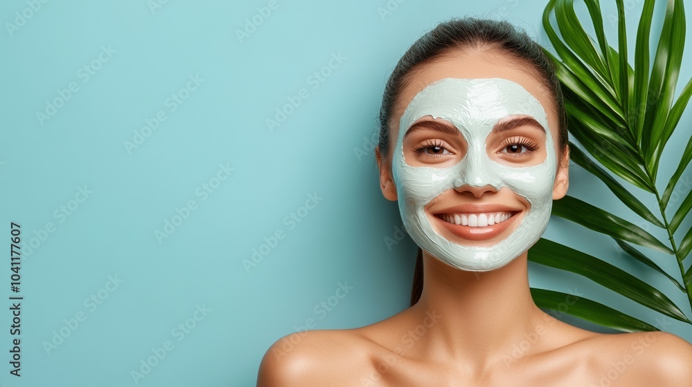 Woman with facial mask smiling against a blue background and green plant. Woman with facial mask smiling against a blue background and green plant.
