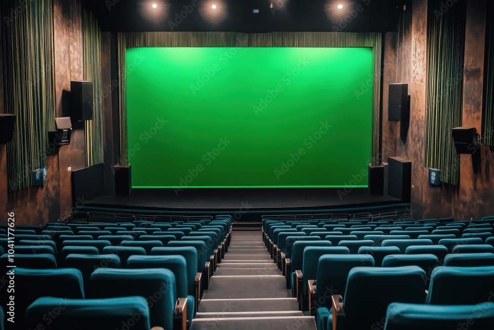 Empty cinema theater showing green screen. Empty cinema theater showing green screen.