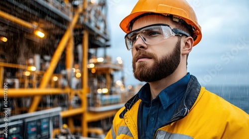 Worker in safety gear, orange helmet, focused on industrial site. photo