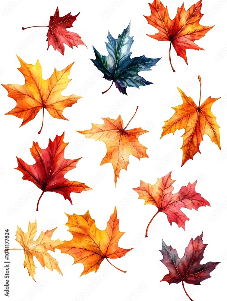 Vibrant Watercolor Maple Leaves in Autumnal Hues Scattered on White Background Vibrant Watercolor Maple Leaves in Autumnal Hues Scattered on White Background