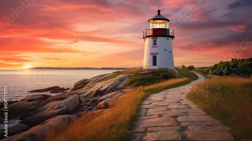 Historic castle hill lighthouse along rocky new england coastline in newport, rhode island with dramatic sunset sky