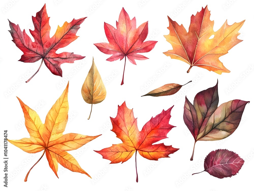 Vibrant Watercolor Autumn Leaves Set on Isolated White Background Vibrant Watercolor Autumn Leaves Set on Isolated White Background