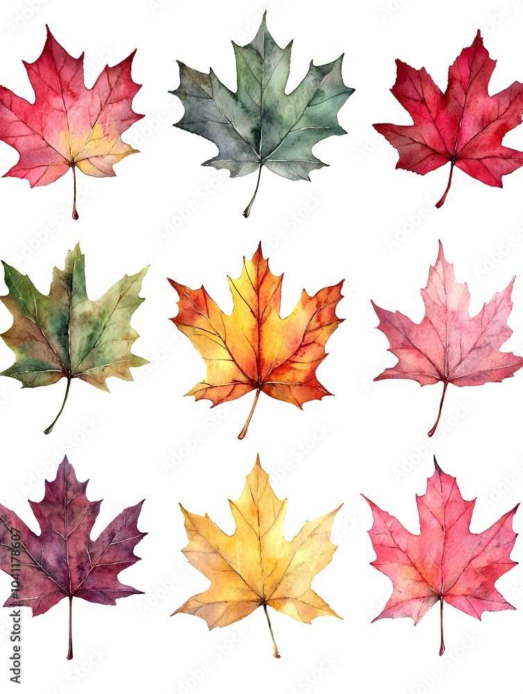 Fototapeta premium Vibrant Watercolor Maple Leaf Set Capturing Autumn s Transitional Colors on White Background