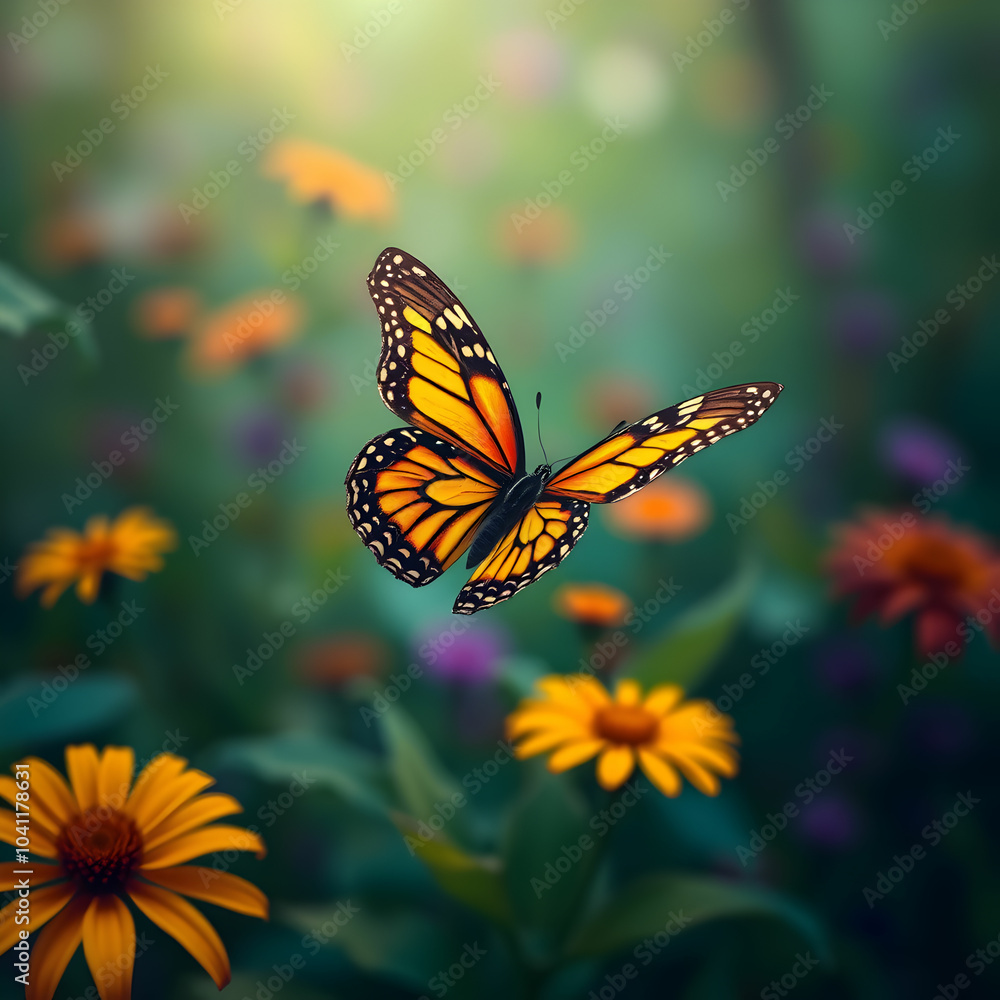 Butterfly flying over vibrant natures colorful patterns Butterfly flying over vibrant natures colorful patterns