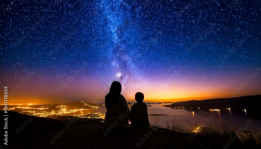 Fototapeta premium A serene moment with mom and kid watching stars together.