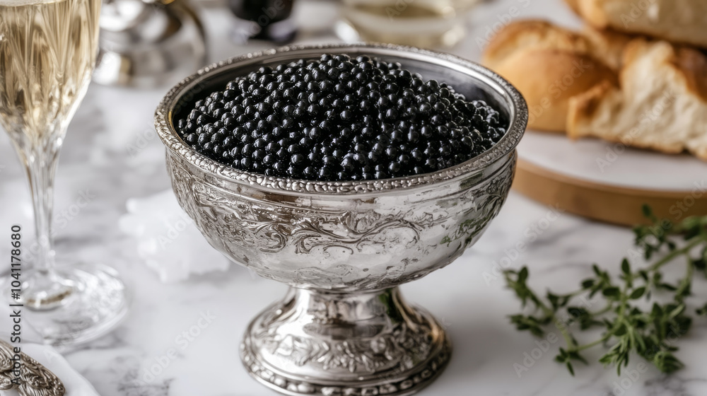 Black Caviar and Champagne on Elegant Table Setting Black Caviar and Champagne on Elegant Table Setting