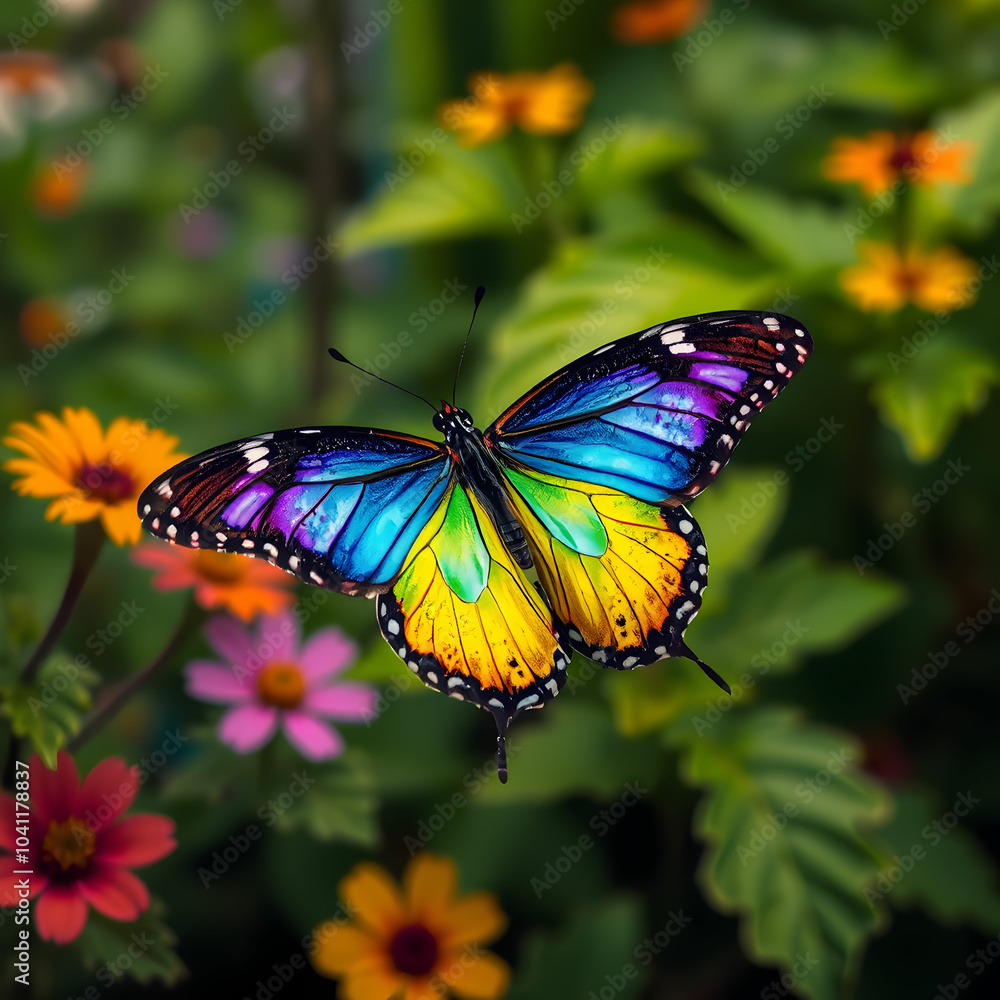 Fototapeta premium Butterfly flying over vibrant natures colorful patterns
