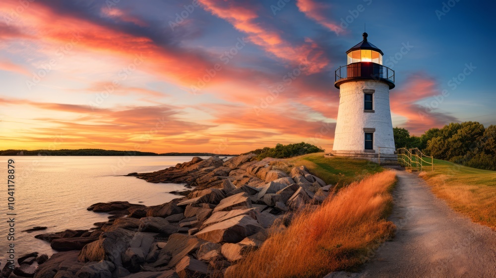 Naklejka premium Historic castle hill lighthouse along rocky new england coastline in newport, rhode island with dramatic sunset sky