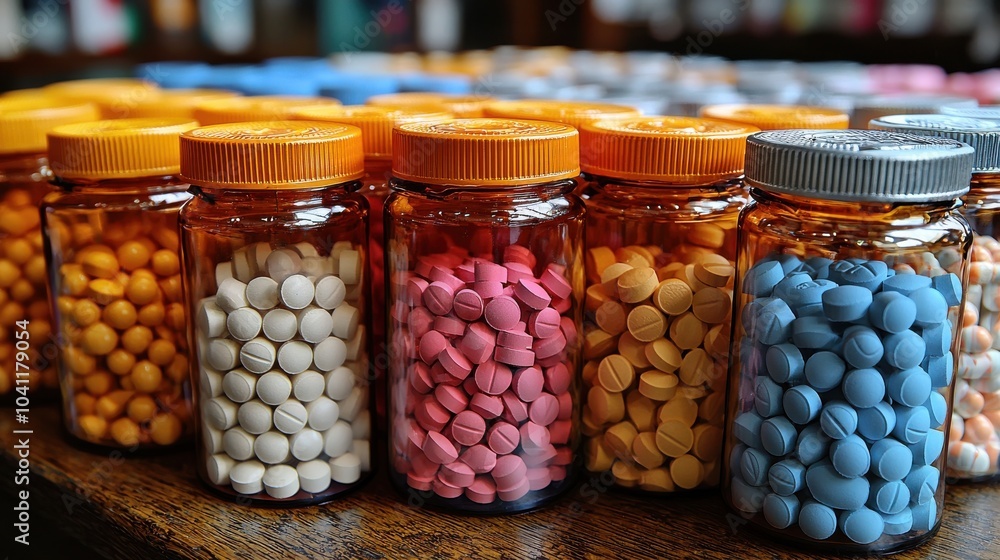 Collection of colorful prescription medicine bottles displayed on a wooden table in a pharmacy environment