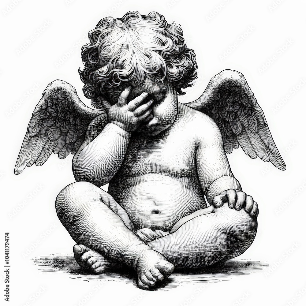 cherub angel sitting with one hand covering its face, expressing frustration or disappointment sketch engraving. Black and white image. cherub angel sitting with one hand covering its face, expressing frustration or disappointment sketch engraving. Black and white image.