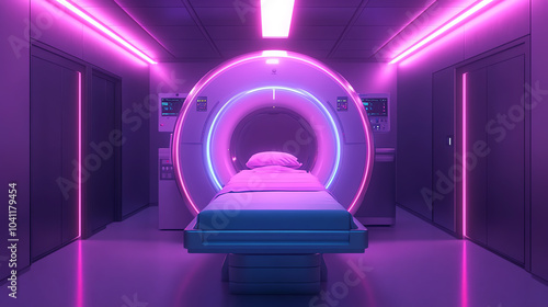 A futuristic medical room featuring a sleek bed and vibrant pink neon lights, creating a sci-fi ambiance, ideal for health and technology themes.