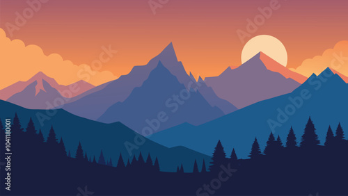 Foggy summer sunrise in the Italian Alps. Dolomites mountains, Italy, Europe. flat vector illustration Nature background