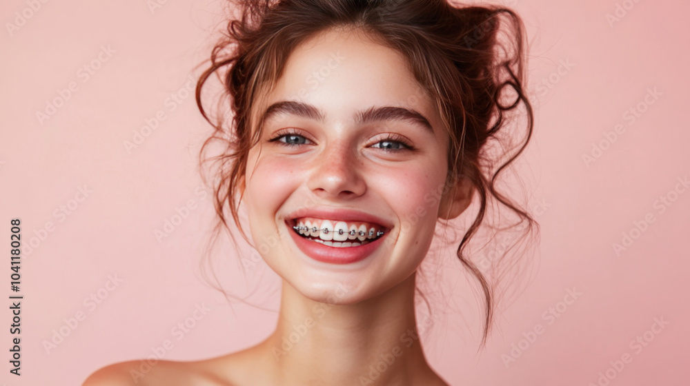 A young woman with braces smiling warmly, showing confidence and joy against a soft pink background A young woman with braces smiling warmly, showing confidence and joy against a soft pink background