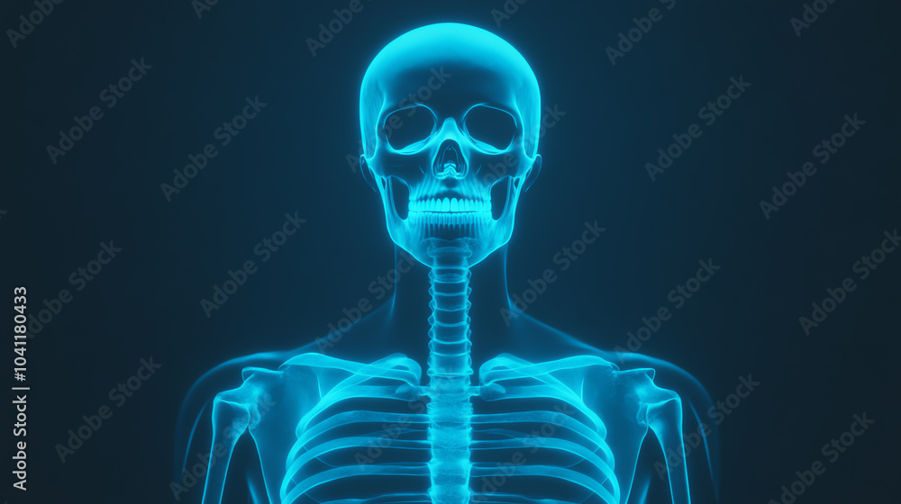 An artistic representation of a human skeleton in glowing blue against a dark background, showcasing anatomical details and structure. An artistic representation of a human skeleton in glowing blue against a dark background, showcasing anatomical details and structure.