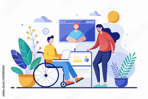 Remote team collaboration with disabled person in wheelchair using digital tools
