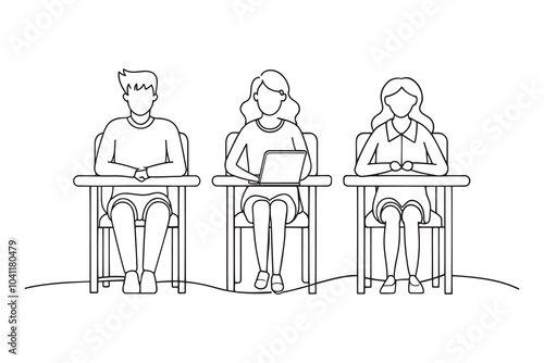  Students gathered in a classroom, showcasing their engagement and interaction isolated continuous line art flat vector illustration on white background.