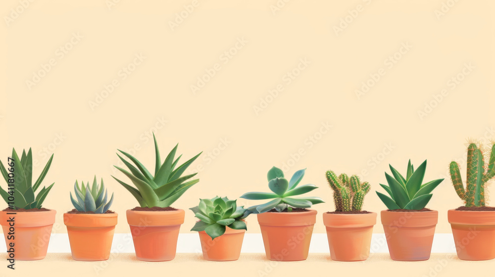 Row of Succulents in Terracotta Pots Against a Pastel Background Row of Succulents in Terracotta Pots Against a Pastel Background