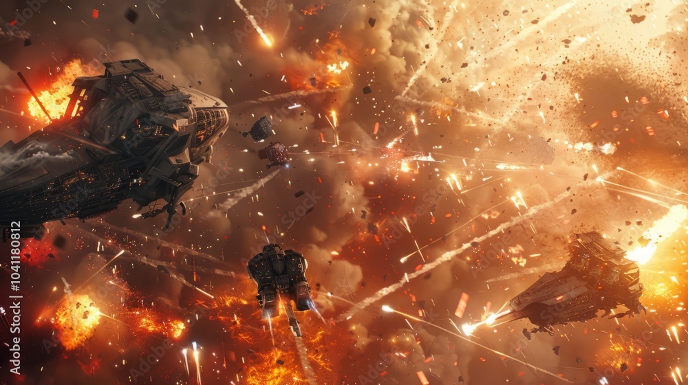 robots fight with monsters in destroyed space, background explosions due to battle, realistic effects robots fight with monsters in destroyed space, background explosions due to battle, realistic effects