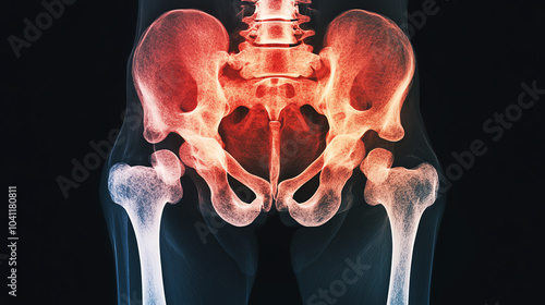 An X-ray image displaying a detailed view of human hip bones, showcasing the skeletal structure and highlighting bone density.