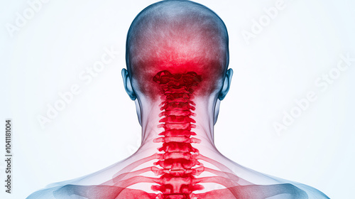 Anatomical illustration of a human neck showing the spinal column with highlighted areas of tension and stress, on a white isolated background. photo