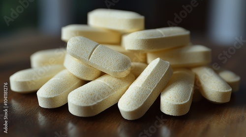 Various yellow dietary supplements piled on a wooden table, showcasing their elongated shapes and textured surfaces