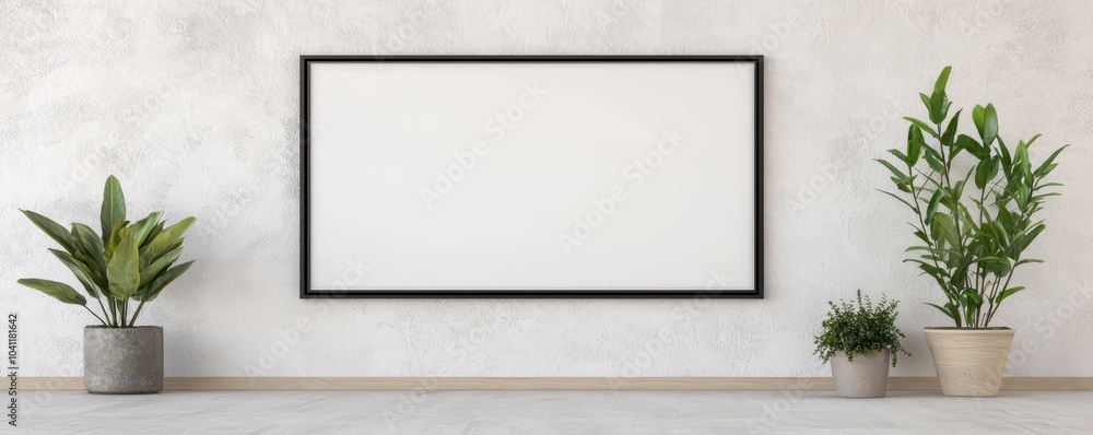 Bright and airy living room featuring a sleek empty frame, perfect for showcasing your favorite artwork. Bright and airy living room featuring a sleek empty frame, perfect for showcasing your favorite artwork.