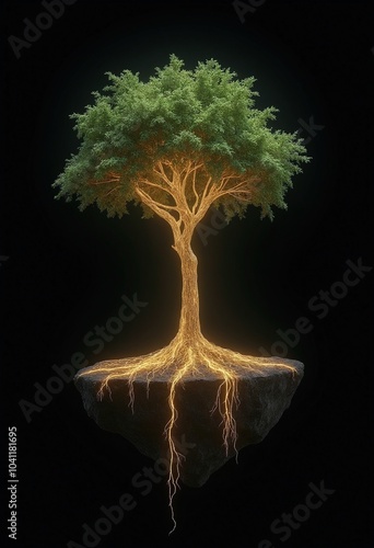 A glowing tree with roots that resemble electrical wires grows from a floating island against a black background photo