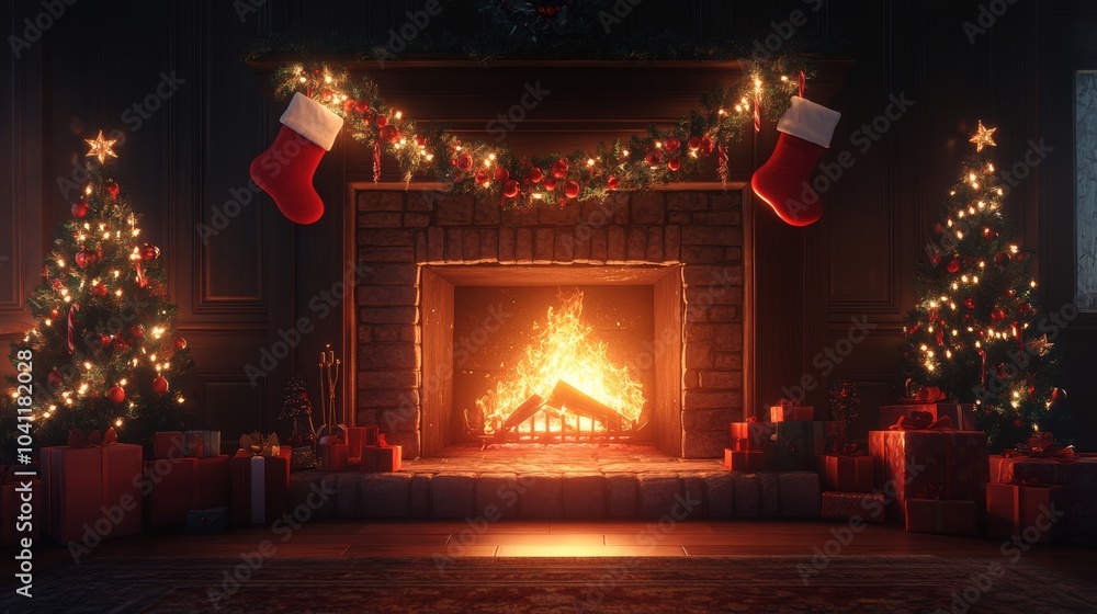 Cozy Fireplace with Stockings and Glowing Fire Cozy Fireplace with Stockings and Glowing Fire