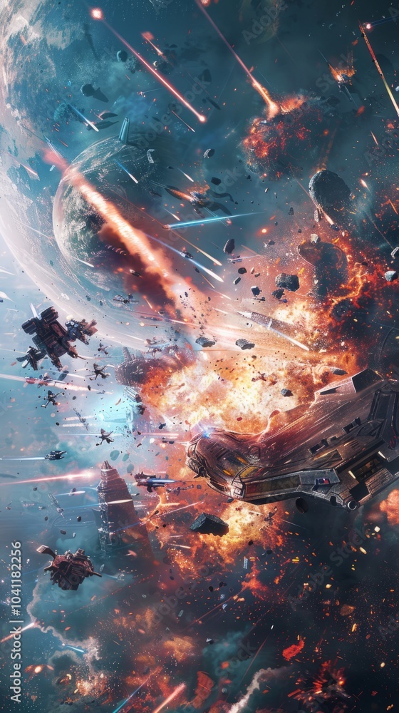 robots fight with monsters in destroyed space, background explosions due to battle, realistic effects robots fight with monsters in destroyed space, background explosions due to battle, realistic effects
