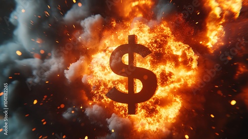 A burning dollar sign engulfed in flames with sparks and smoke.