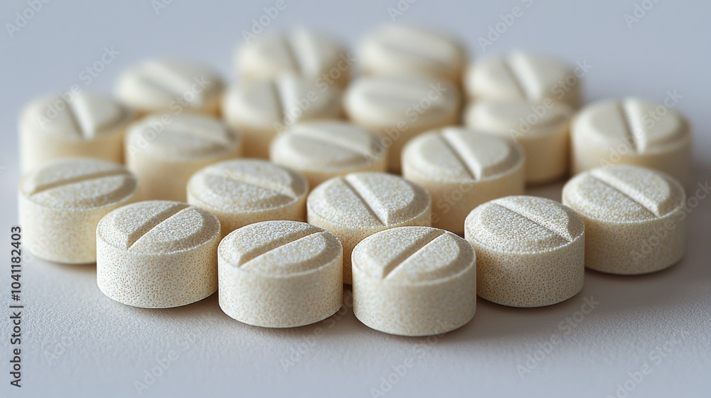 Close-up view of circular white tablets arranged neatly on a flat surface, highlighting their texture and design Close-up view of circular white tablets arranged neatly on a flat surface, highlighting their texture and design