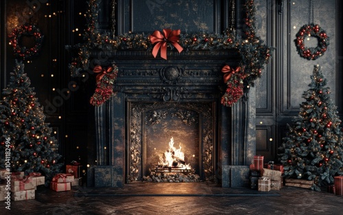 Wallpaper Mural cozy room fireplace christmass tree with decorations toys and lights  Torontodigital.ca