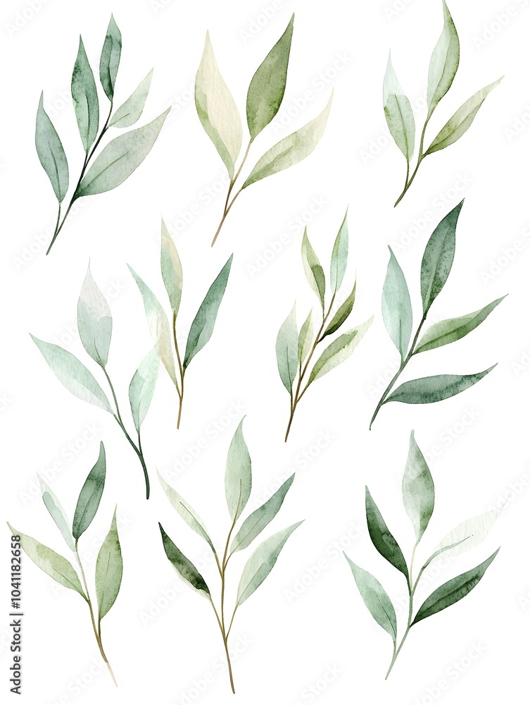 Delicate Watercolor Willow Leaves in Flowing Elegant Pattern on White Background Delicate Watercolor Willow Leaves in Flowing Elegant Pattern on White Background