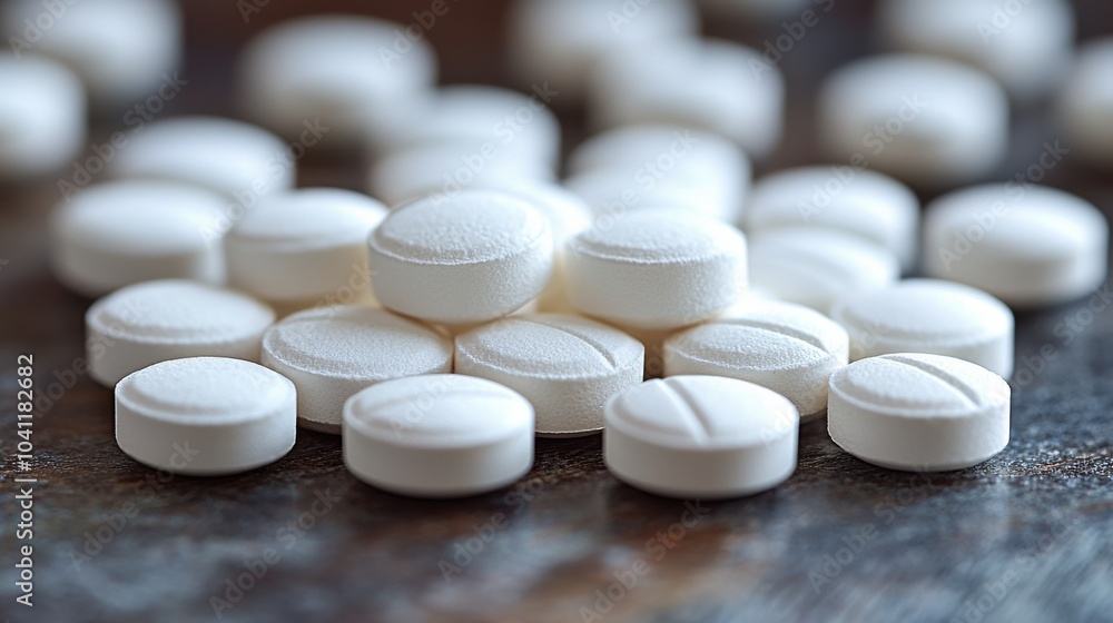 White tablets scattered on a textured surface, highlighting their uniform shape and clean design White tablets scattered on a textured surface, highlighting their uniform shape and clean design