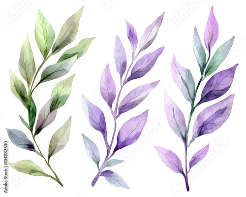 Delicate Lavender Leaves in Soft Purples and Greens on White Background