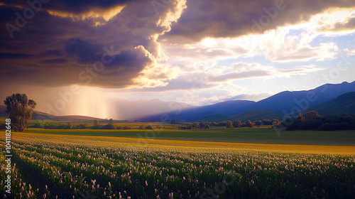 A field of grass with a storm in the distance