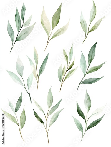 Delicate Watercolor Willow Leaves in Flowing Elegant Pattern on White Background