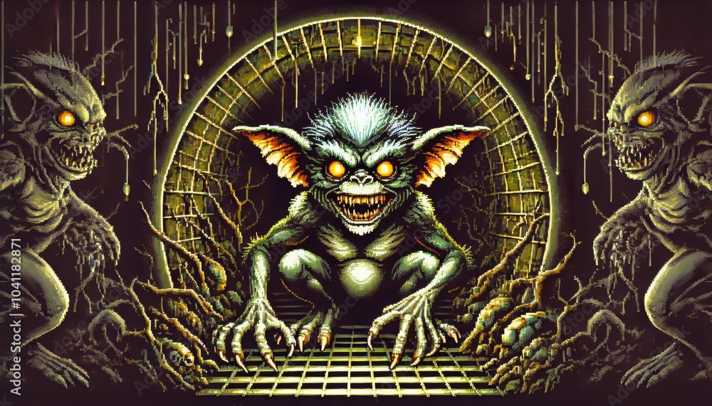 Fototapeta premium Sinister Gremlin with Glowing Eyes Lurking in Tunnel
