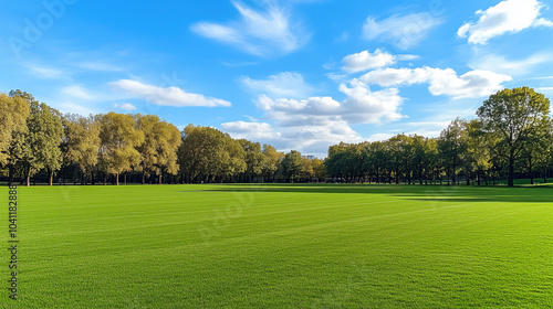 A large, open field with trees in the background