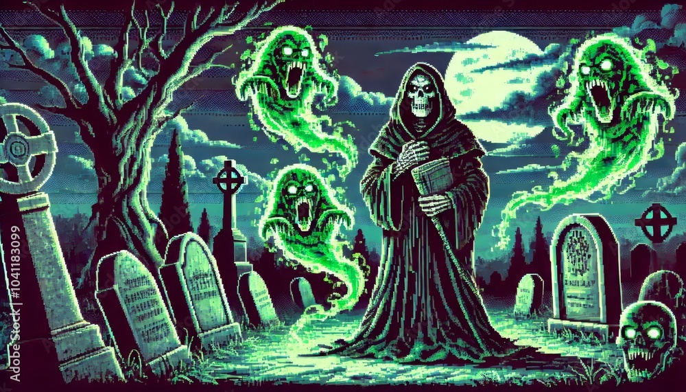 Sinister Necromancer in Dark, Haunted Graveyard Sinister Necromancer in Dark, Haunted Graveyard