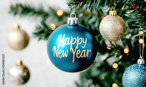 Close-up of a Merry Christmas and Happy New Year, tree branch with blue and gold ornaments 