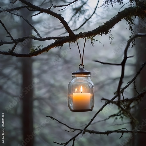 Glowing Lantern Hanging in Misty Forest Branches Symbolizing Guidance and Protection