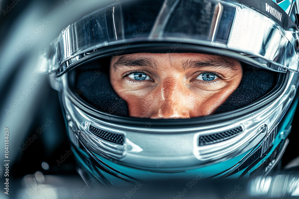 Intense close-up of a race car driver wearing a helmet focusing ahead with blue eyes inside a high-performance vehicle cockpit
Intense close-up of a race car driver wearing a helmet focusing ahead with blue eyes inside a high-performance vehicle cockpit