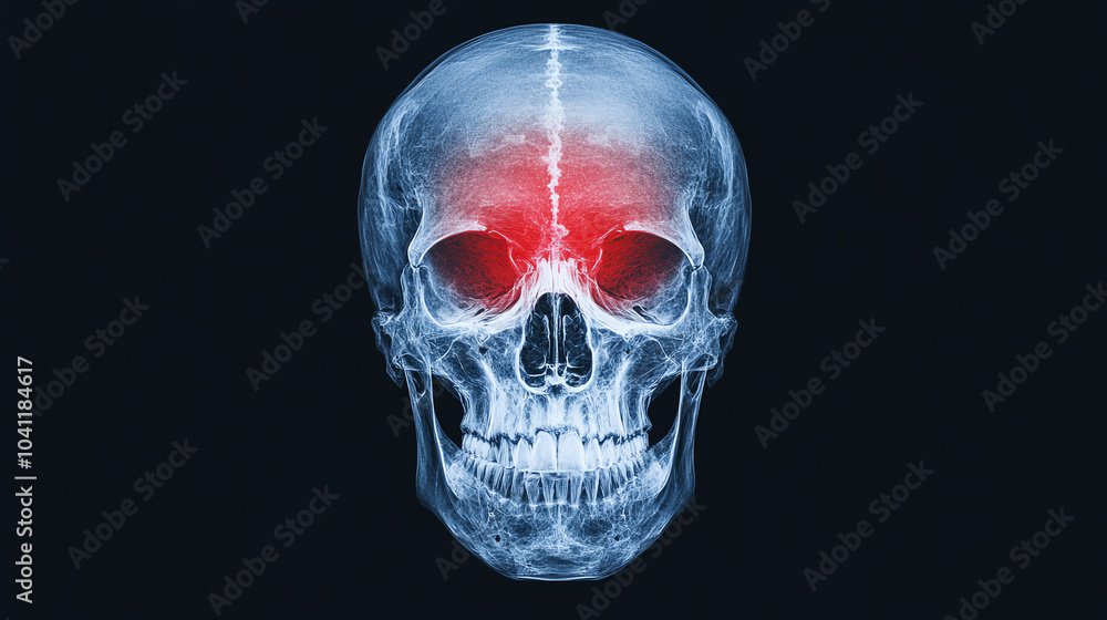 X-ray image of a human skull with highlighted areas, showcasing anatomy and potential medical concerns for educational purposes. X-ray image of a human skull with highlighted areas, showcasing anatomy and potential medical concerns for educational purposes.